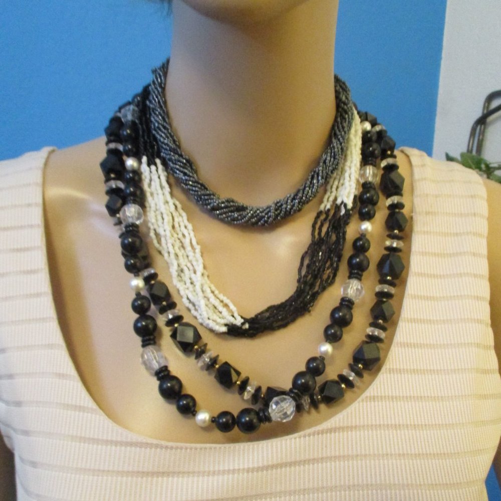 Vintage Lucite Pearl Glass Black White Clear Bead Necklaces~4 Bead Necklaces